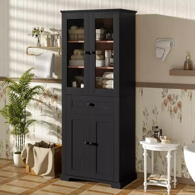 Clihome Meuble de rangement de salle de bain de 171,6 cm de haut avec étagères réglables et tiroir, tour de lin autoportante moderne, conception à fermeture douce
