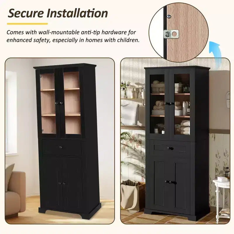 Clihome Meuble de rangement de salle de bain de 171,6 cm de haut avec étagères réglables et tiroir, tour de lin autoportante moderne, conception à fermeture douce