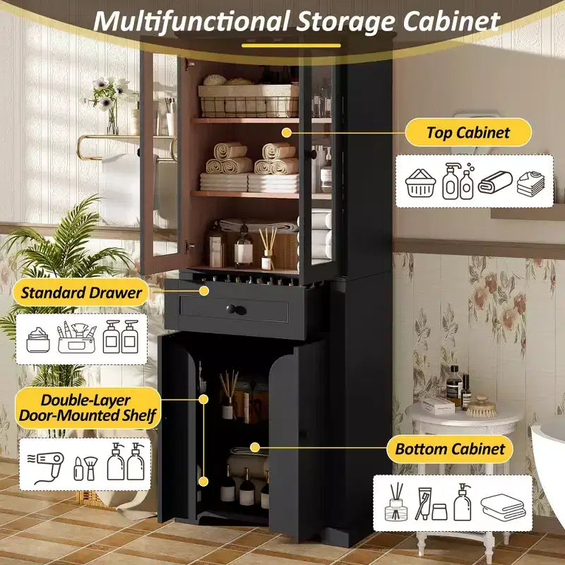 Clihome Meuble de rangement de salle de bain de 171,6 cm de haut avec étagères réglables et tiroir, tour de lin autoportante moderne, conception à fermeture douce