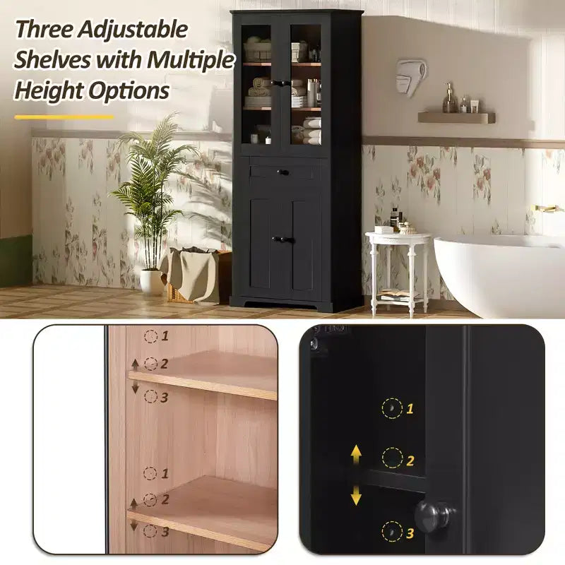 Clihome Meuble de rangement de salle de bain de 171,6 cm de haut avec étagères réglables et tiroir, tour de lin autoportante moderne, conception à fermeture douce