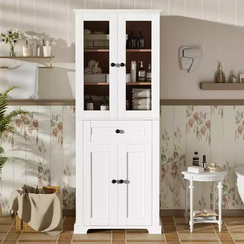 Clihome Meuble de rangement de salle de bain de 171,6 cm de haut avec étagères réglables et tiroir, tour de lin autoportante moderne, conception à fermeture douce