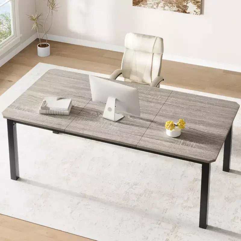 Table de salle à manger rectangulaire de 199,9 cm pour 6-8 personnes, table de cuisine et de salle à manger moderne avec cadre en métal, table seule - Gris