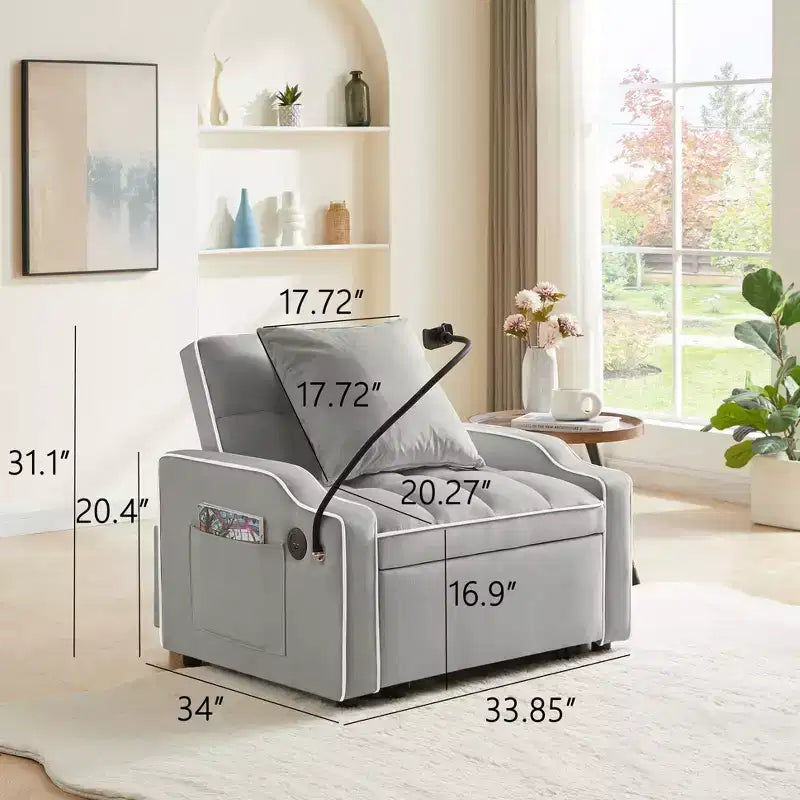 Fauteuil convertible 3-en-1, Canapé-lit avec dossier réglable, support de téléphone, USB et Type-C - ModernLuxe
