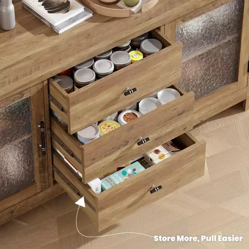 54.4 Buffet Bahut avec 2 Portes en Verre et 3 Tiroirs pour Salon, Cuisine, Salle à Manger
