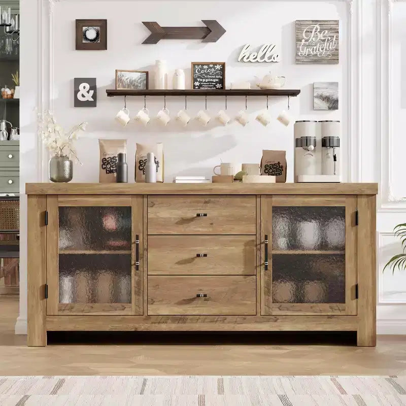 54.4 Buffet Bahut avec 2 Portes en Verre et 3 Tiroirs pour Salon, Cuisine, Salle à Manger