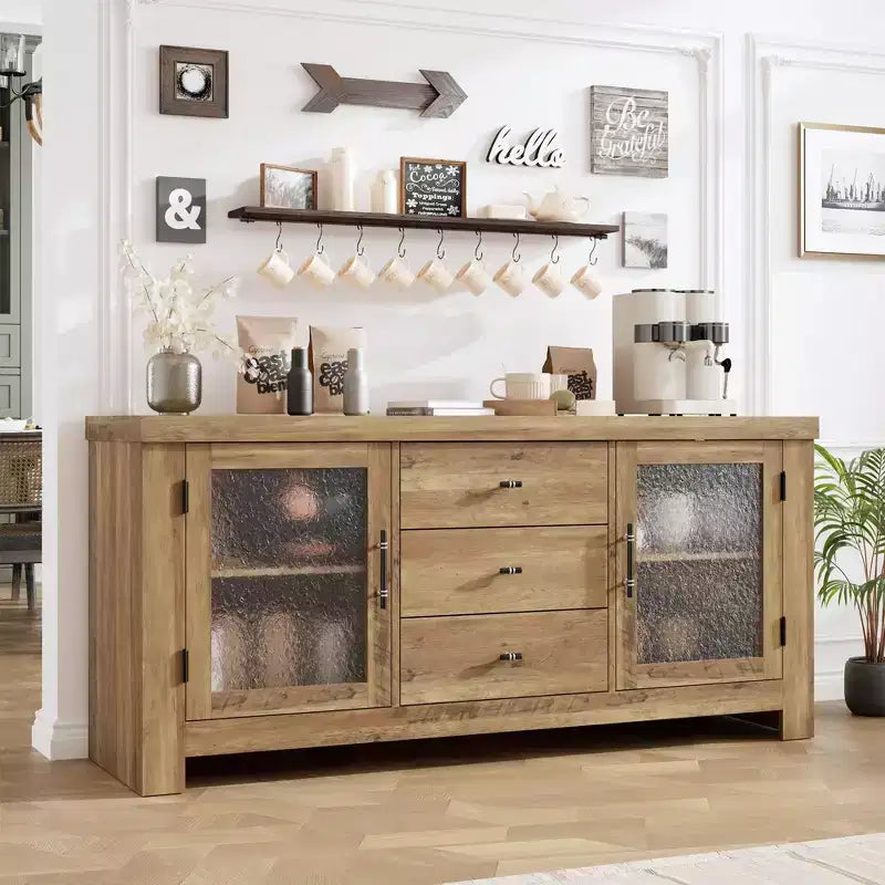 54.4 Buffet Bahut avec 2 Portes en Verre et 3 Tiroirs pour Salon, Cuisine, Salle à Manger