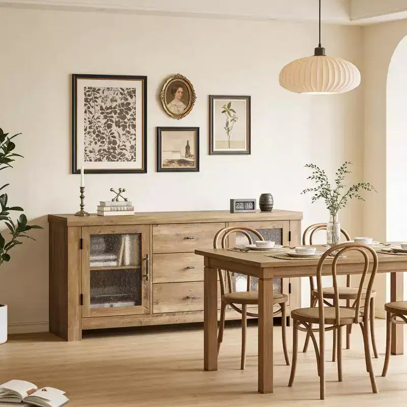54.4 Buffet Bahut avec 2 Portes en Verre et 3 Tiroirs pour Salon, Cuisine, Salle à Manger