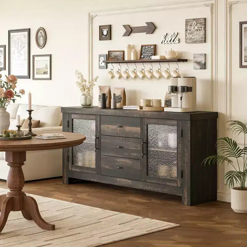 54.4 Buffet Bahut avec 2 Portes en Verre et 3 Tiroirs pour Salon, Cuisine, Salle à Manger