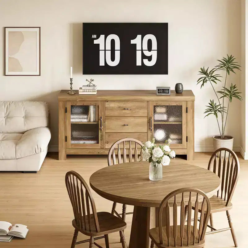 54.4 Buffet Bahut avec 2 Portes en Verre et 3 Tiroirs pour Salon, Cuisine, Salle à Manger