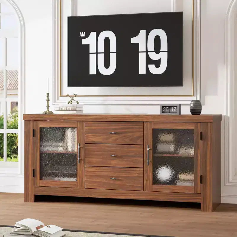 54.4 Buffet Bahut avec 2 Portes en Verre et 3 Tiroirs pour Salon, Cuisine, Salle à Manger
