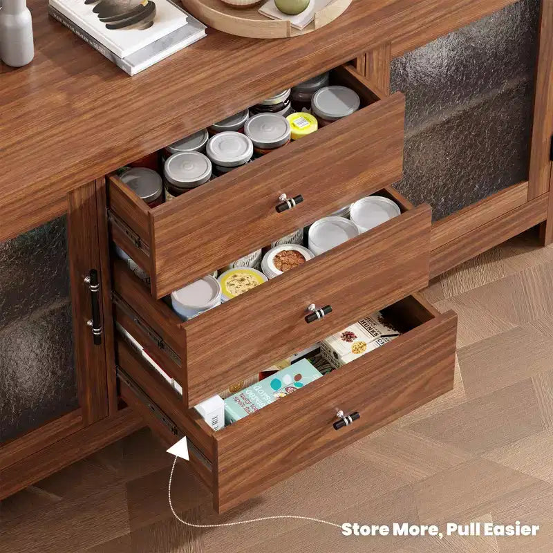 54.4 Buffet Bahut avec 2 Portes en Verre et 3 Tiroirs pour Salon, Cuisine, Salle à Manger