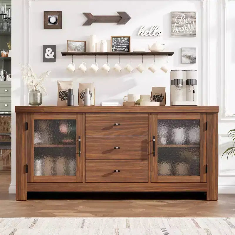 54.4 Buffet Bahut avec 2 Portes en Verre et 3 Tiroirs pour Salon, Cuisine, Salle à Manger