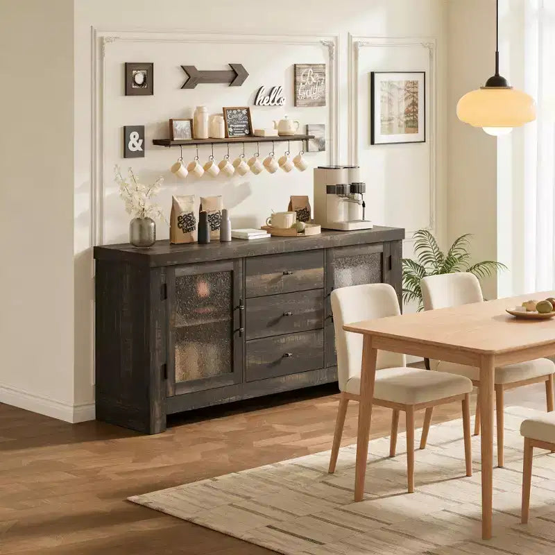 54.4 Buffet Bahut avec 2 Portes en Verre et 3 Tiroirs pour Salon, Cuisine, Salle à Manger