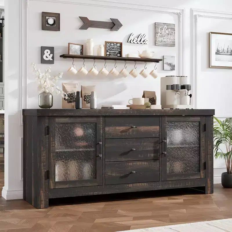 54.4 Buffet Bahut avec 2 Portes en Verre et 3 Tiroirs pour Salon, Cuisine, Salle à Manger