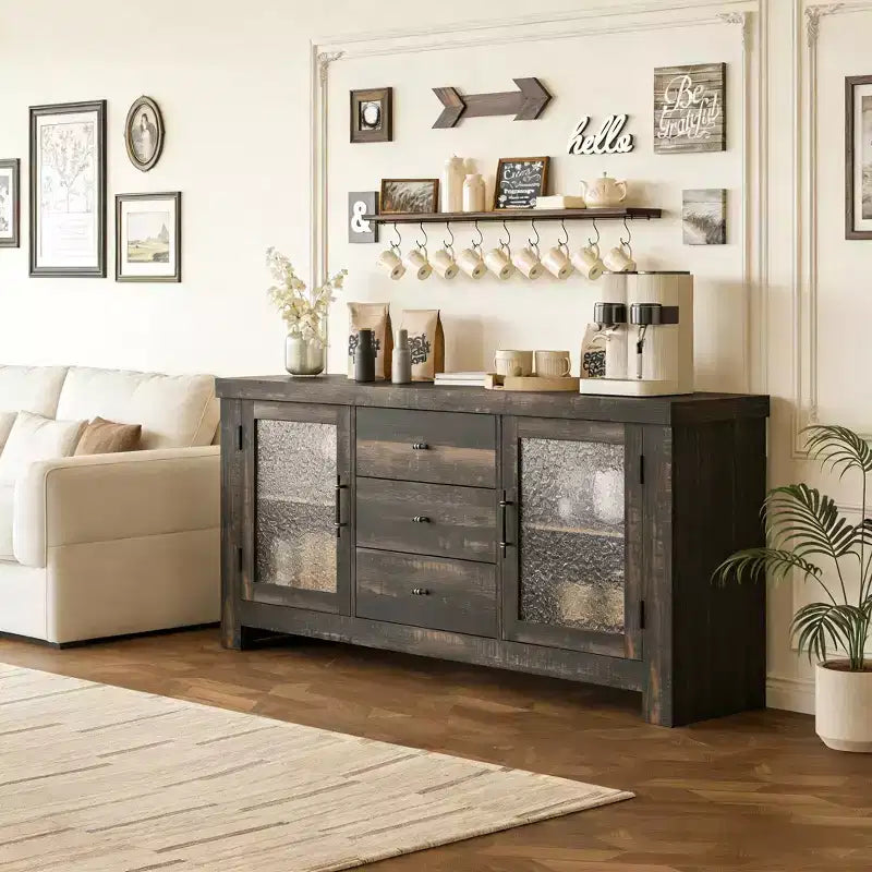 54.4 Buffet Sideboard with 2 Glass Doors & 3 Drawers for Living Room, Kitchen, Dining Room