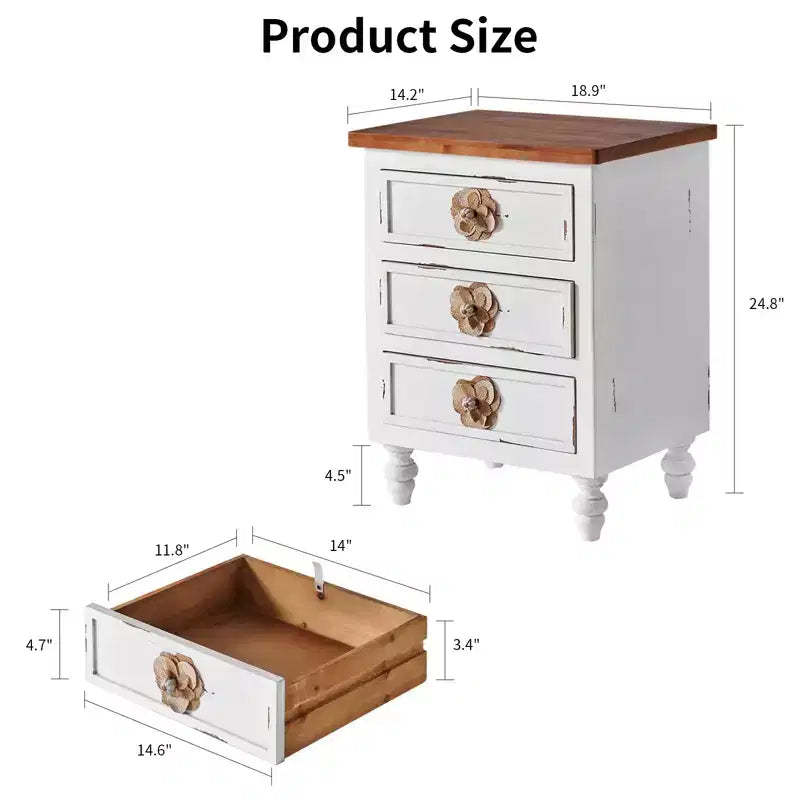 Table de chevet rustique à 3 tiroirs de style ferme vintage pour chambre à coucher ou salon