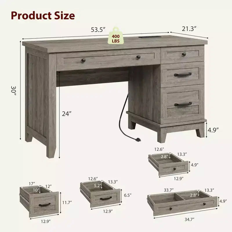 Bureau d'ordinateur de 136 cm pour ferme avec station de chargement et classeur, poste de travail de direction rustique en bois avec tiroirs de rangement pour bureau à domicile