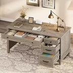 Bureau d'ordinateur de 136 cm pour ferme avec station de chargement et classeur, poste de travail de direction rustique en bois avec tiroirs de rangement pour bureau à domicile