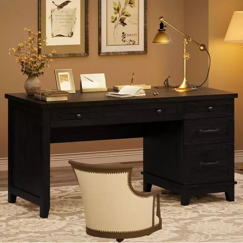 Bureau d'ordinateur de 136 cm pour ferme avec station de chargement et classeur, poste de travail de direction rustique en bois avec tiroirs de rangement pour bureau à domicile