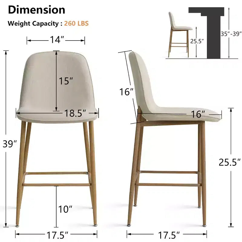Tabouret de bar moderne hauteur comptoir avec dossier, tabouret de cuisine sans accoudoirs de 64,7 cm de hauteur d'assise, avec pieds en métal finition naturelle-Panipeachy