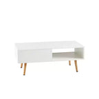 Table basse en rotin avec rangement à porte coulissante, table basse moderne avec pieds en bois massif pour salon, blanc