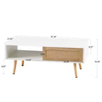 Table basse en rotin avec rangement à porte coulissante, table basse moderne avec pieds en bois massif pour salon, blanc