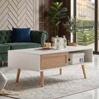 Table basse en rotin avec rangement à porte coulissante, table basse moderne avec pieds en bois massif pour salon, blanc