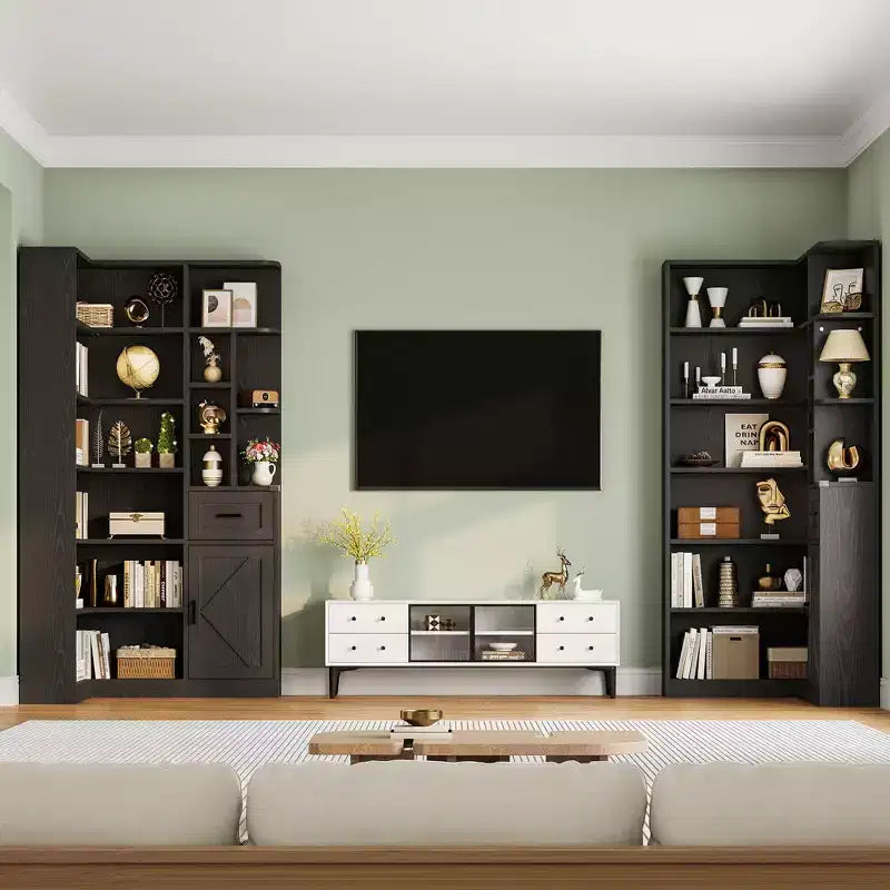 Étagère d'angle, Bibliothèque en L avec tiroir et placards, Bibliothèque de rangement à 6 niveaux avec étagères ouvertes, pour salon, bureau à domicile, chambre à coucher