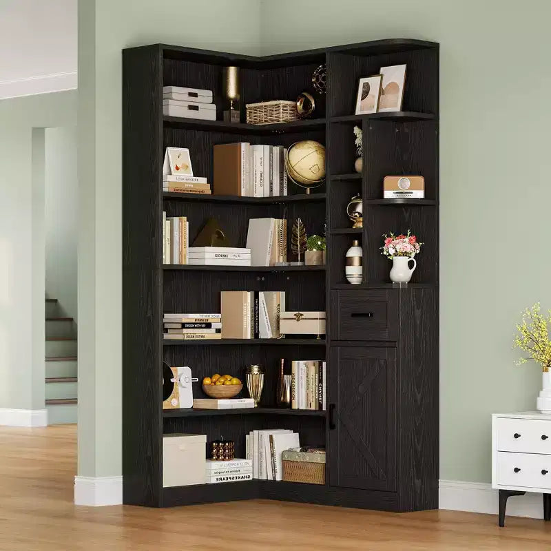 Étagère d'angle, Bibliothèque en L avec tiroir et placards, Bibliothèque de rangement à 6 niveaux avec étagères ouvertes, pour salon, bureau à domicile, chambre à coucher