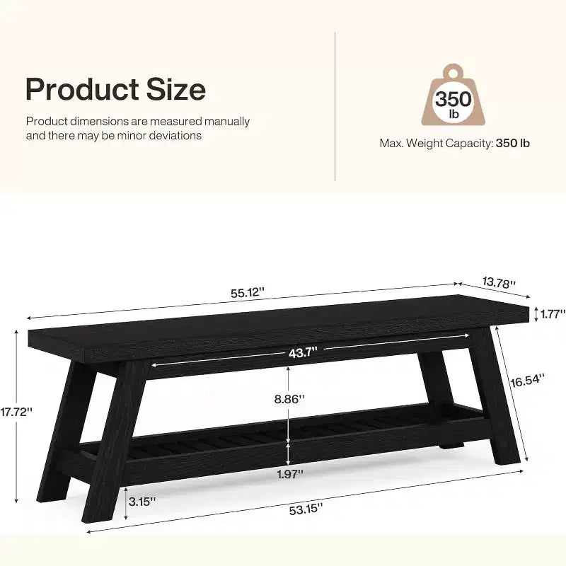 Banc d'entrée étroit Lantine 55 avec rangement à chaussures, banc d'entrée en bois style ferme avec étagère ouverte à 2 niveaux pour petits espaces, vestiaire, hall d'entrée, noir