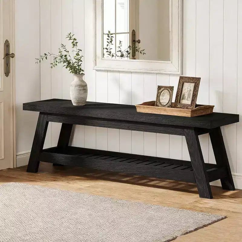 Banc d'entrée étroit Lantine 55 avec rangement à chaussures, banc d'entrée en bois style ferme avec étagère ouverte à 2 niveaux pour petits espaces, vestiaire, hall d'entrée, noir