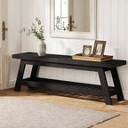 Banc d'entrée étroit Lantine 55 avec rangement à chaussures, banc d'entrée en bois style ferme avec étagère ouverte à 2 niveaux pour petits espaces, vestiaire, hall d'entrée, noir
