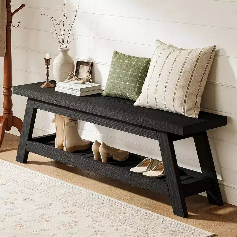 Banc d'entrée étroit Lantine 55 avec rangement à chaussures, banc d'entrée en bois style ferme avec étagère ouverte à 2 niveaux pour petits espaces, vestiaire, hall d'entrée, noir