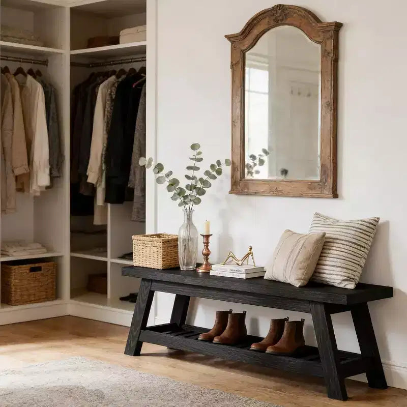 Banc d'entrée étroit Lantine 55 avec rangement à chaussures, banc d'entrée en bois style ferme avec étagère ouverte à 2 niveaux pour petits espaces, vestiaire, hall d'entrée, noir