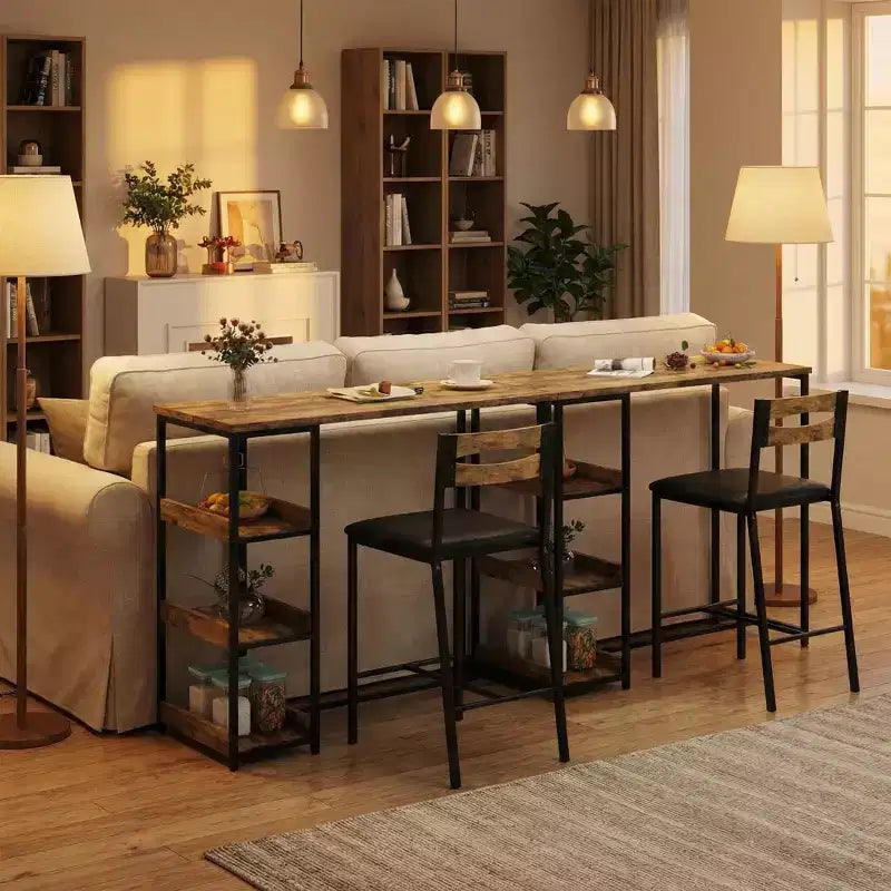 Ensemble table de bar 3 pièces avec 2 étagères de rangement, ensemble de salle à manger de cuisine compact avec chaises en cuir PU