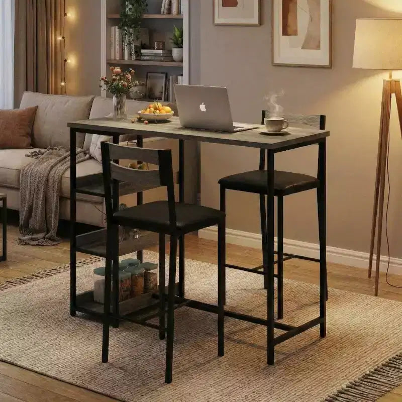 Ensemble table de bar 3 pièces avec 2 étagères de rangement, ensemble de salle à manger de cuisine compact avec chaises en cuir PU