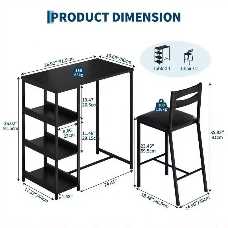 Ensemble table de bar 3 pièces avec 2 étagères de rangement, ensemble de salle à manger de cuisine compact avec chaises en cuir PU