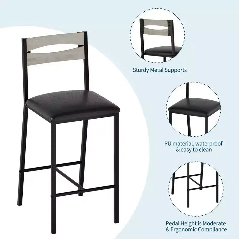 Ensemble table de bar 3 pièces avec 2 étagères de rangement, ensemble de salle à manger de cuisine compact avec chaises en cuir PU