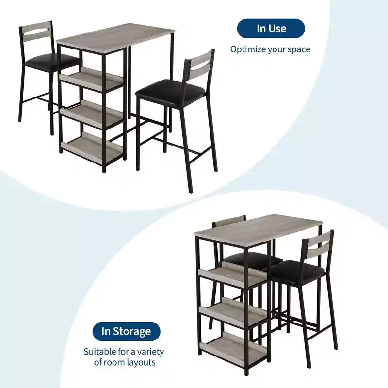 Ensemble table de bar 3 pièces avec 2 étagères de rangement, ensemble de salle à manger de cuisine compact avec chaises en cuir PU