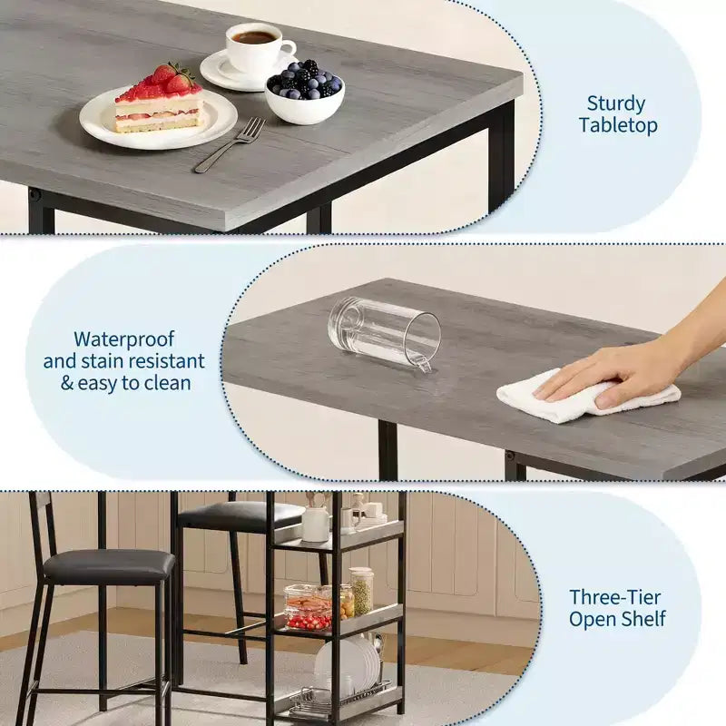 Ensemble table de bar 3 pièces avec 2 étagères de rangement, ensemble de salle à manger de cuisine compact avec chaises en cuir PU