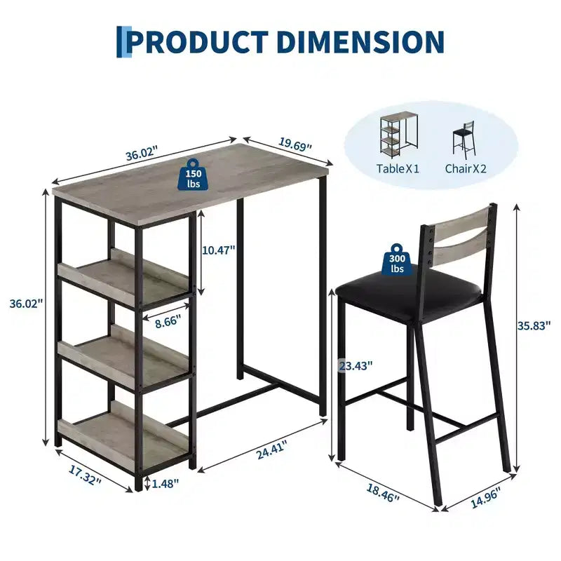 Ensemble table de bar 3 pièces avec 2 étagères de rangement, ensemble de salle à manger de cuisine compact avec chaises en cuir PU