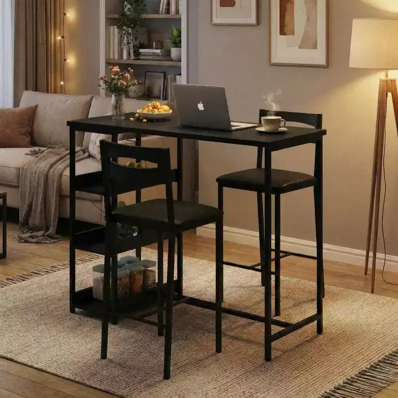 Ensemble table de bar 3 pièces avec 2 étagères de rangement, ensemble de salle à manger de cuisine compact avec chaises en cuir PU