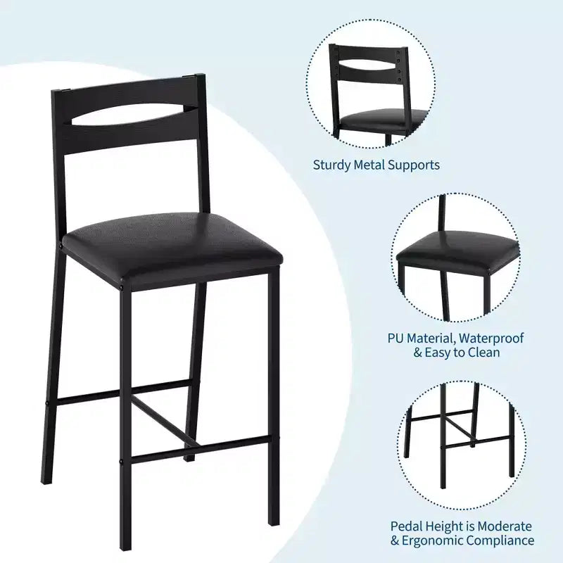 Ensemble table de bar 3 pièces avec 2 étagères de rangement, ensemble de salle à manger de cuisine compact avec chaises en cuir PU
