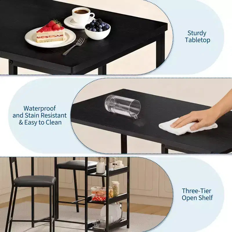 Ensemble table de bar 3 pièces avec 2 étagères de rangement, ensemble de salle à manger de cuisine compact avec chaises en cuir PU