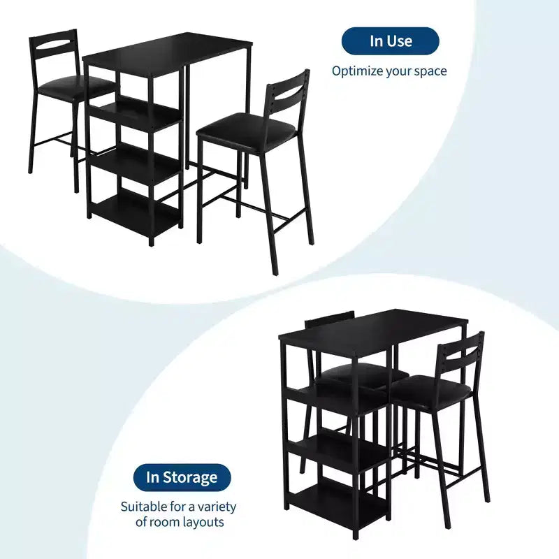 Ensemble table de bar 3 pièces avec 2 étagères de rangement, ensemble de salle à manger de cuisine compact avec chaises en cuir PU
