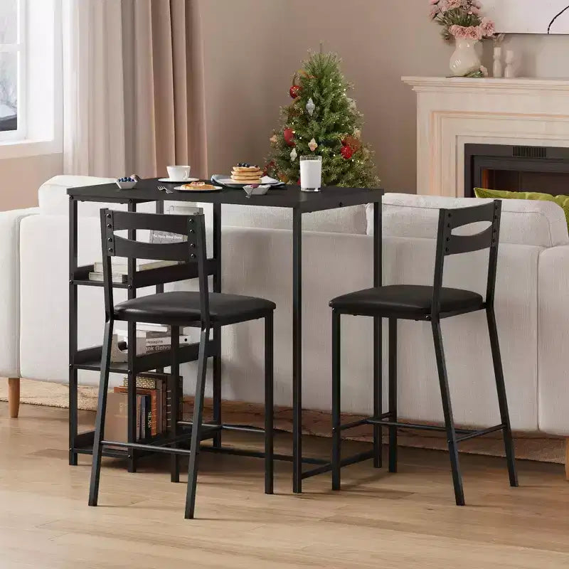 Ensemble table de bar 3 pièces avec 2 étagères de rangement, ensemble de salle à manger de cuisine compact avec chaises en cuir PU