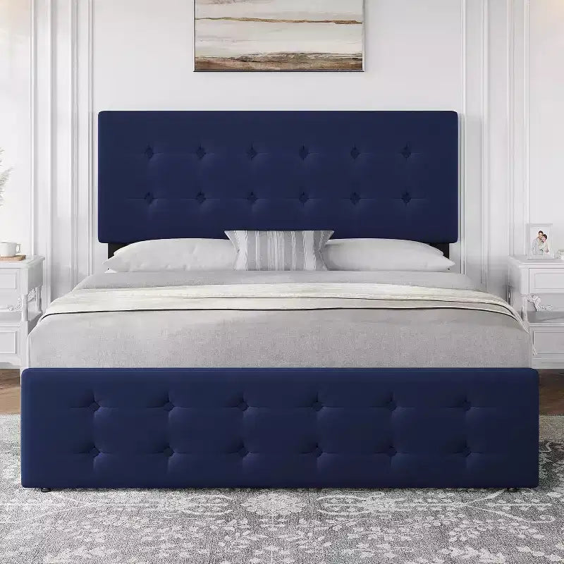 Cadre de lit plateforme capitonné en velours, taille Queen, 4 tiroirs et tête de lit réglable, capitonnage boutonné, lattes en bois, aucun sommier tapissier requis, bleu