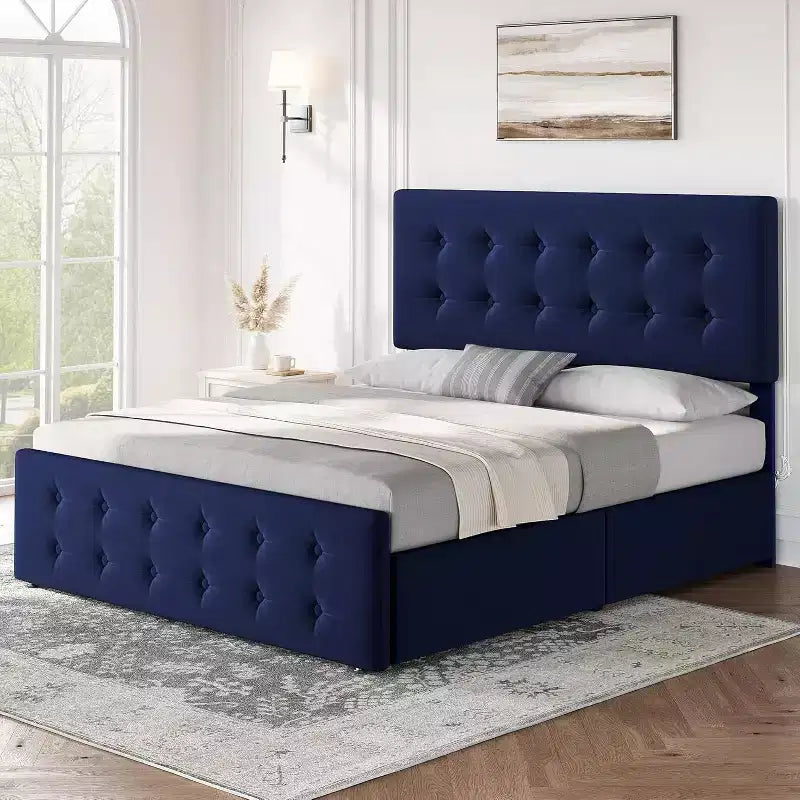 Cadre de lit plateforme capitonné en velours, taille Queen, 4 tiroirs et tête de lit réglable, capitonnage boutonné, lattes en bois, aucun sommier tapissier requis, bleu
