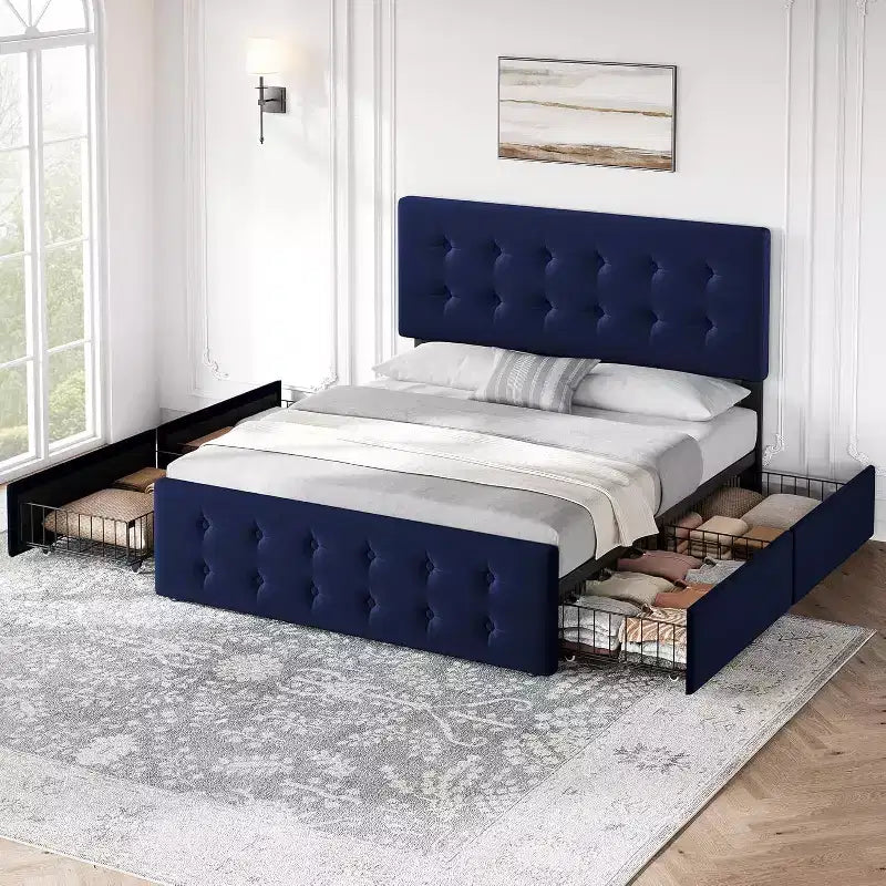 Cadre de lit plateforme capitonné en velours, taille Queen, 4 tiroirs et tête de lit réglable, capitonnage boutonné, lattes en bois, aucun sommier tapissier requis, bleu