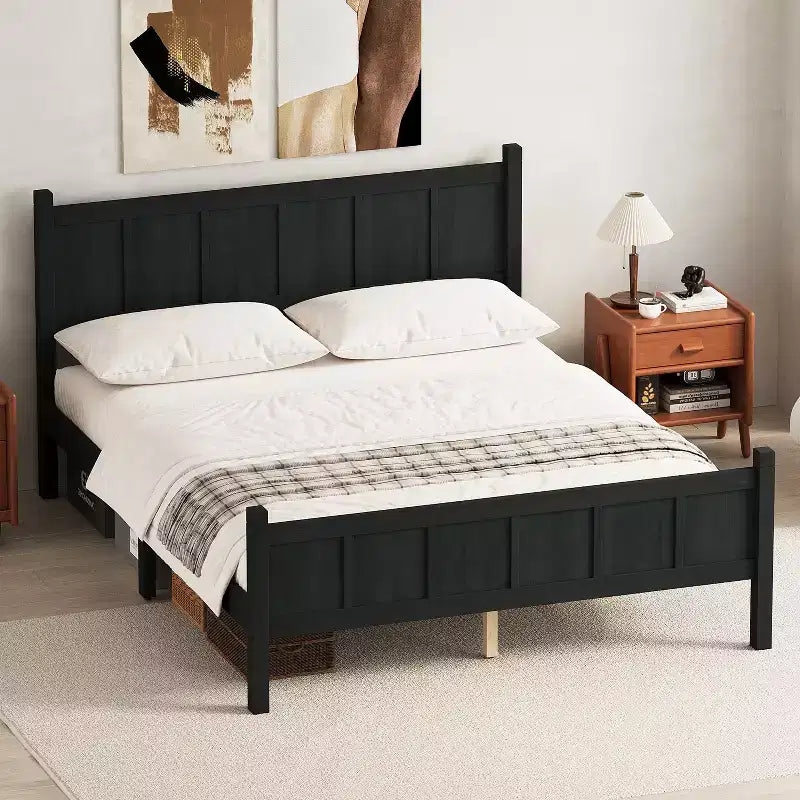 Lit plateforme double avec tête et pied de lit, cadre de lit de ferme Shaker en grain de bois, Noir